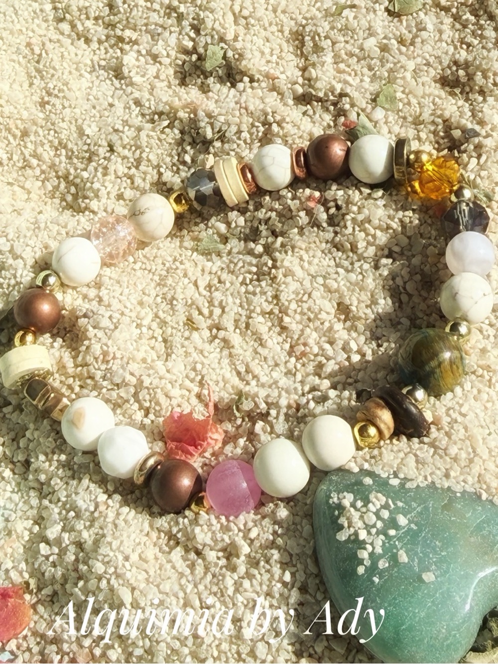 Pink and bronze Beaded Stretch Bracelet with white howlite